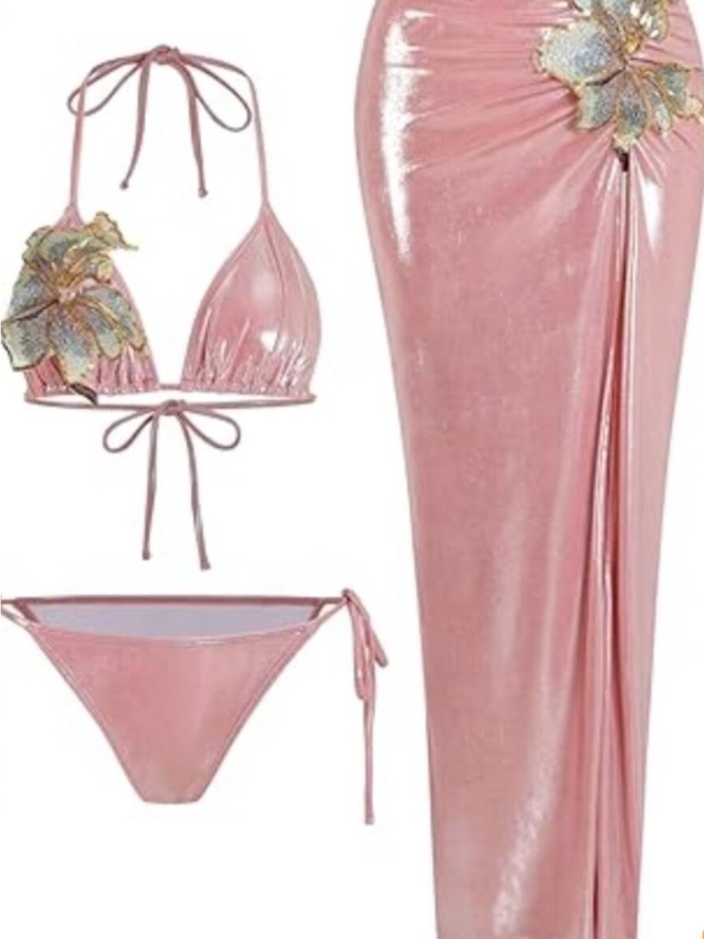 Pink Metallic Triangle Bikini Set with Sarong Cover-Up